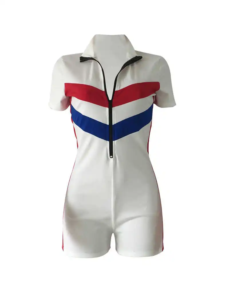 

Summer Playsuits Bodycon Jumpsuit Shorts for Women Short Sleeve Turtleneck Zipper Fly Fitness Romper Striped Casual Bodysuits