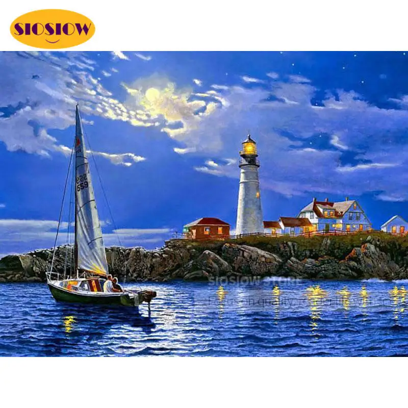 5D алмазная живопись ночной морской пейзаж маяк вышивка крестиком полный