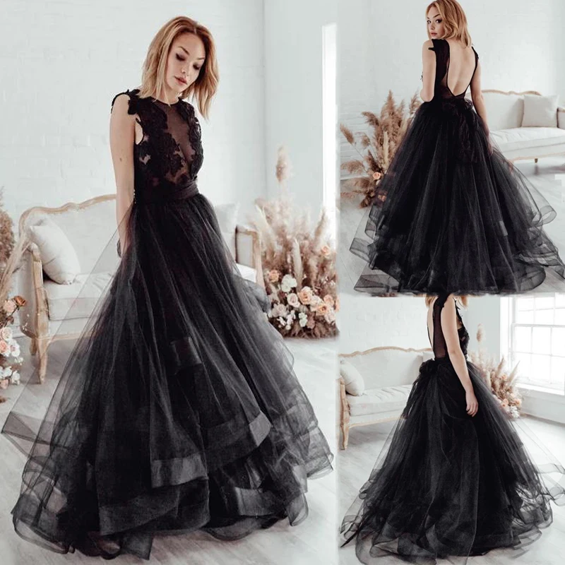 

Vintage Black Evening Dresses Long Prom Dress Lace Appliqued Tulle A Line Sleeves Gothic Wedding Gowns Robe De Soiree Party Gown