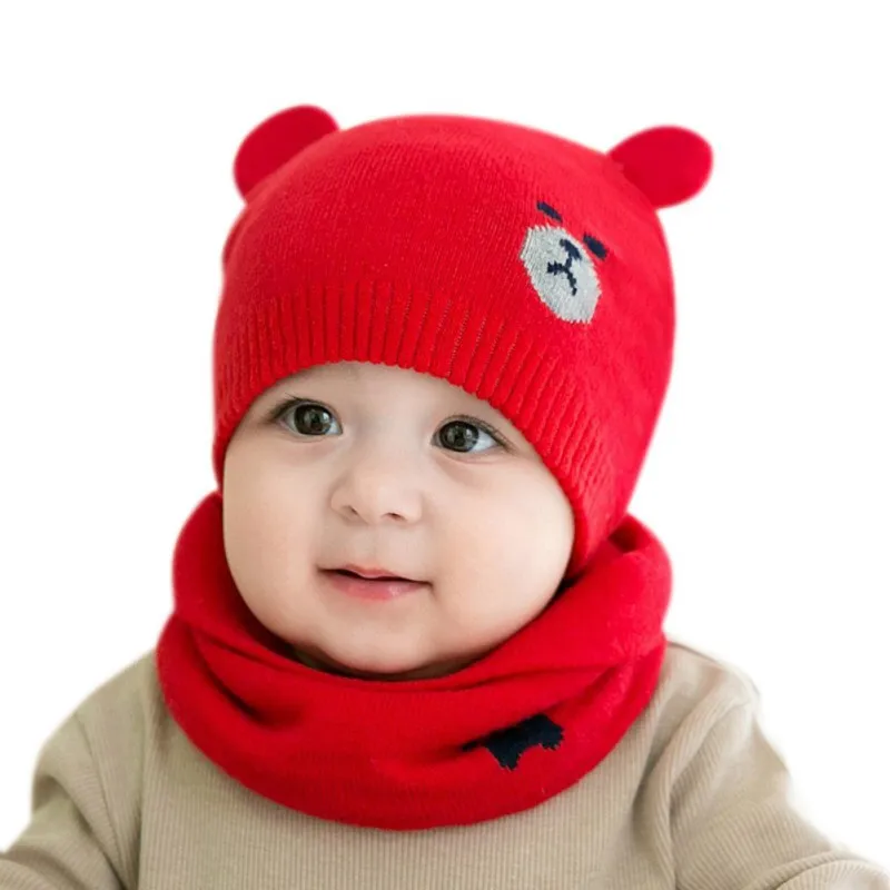 

Fashion Kids Hats Ears Girls Boys Children Warm Caps Winter Scarf Set Baby Bonnet Infant Knitted Cute Hat for Girl Boy
