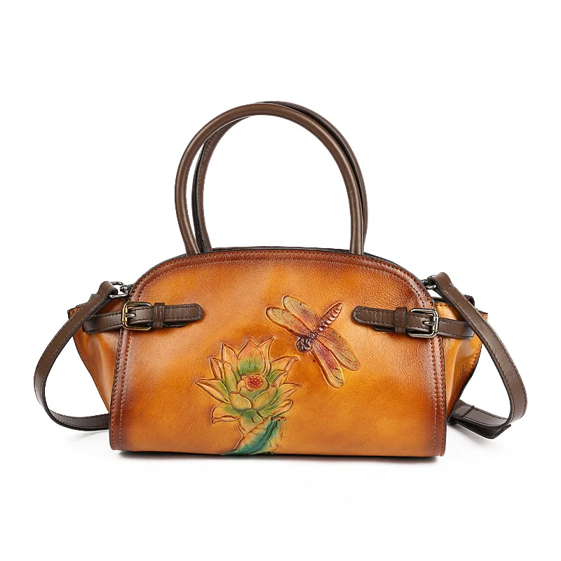 

Leather women's bag 2021 spring new retro flower head leather dumpling bag literature and art national styl