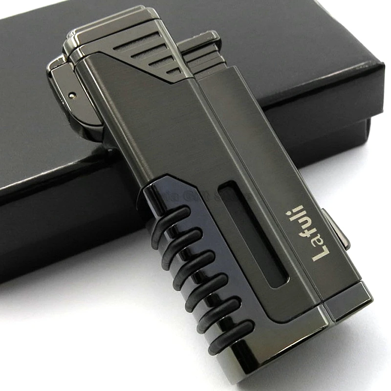

High Quality Metal Black 4 Torch Jet Flame Cigar Cigarette Tobacco Lighter With Gift Box Smoking Tool Windproof For Cohiba