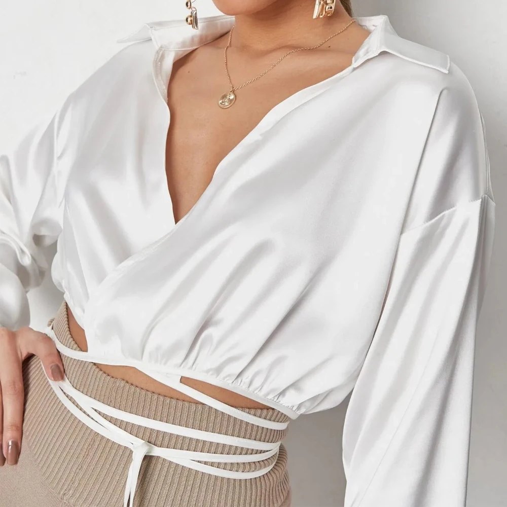 

Vintage Women Satin White Blouses 2021 Summer Fashion Ladies Sexy V Neck Short Tops Casual Femal Chic Blouse Girls Cool