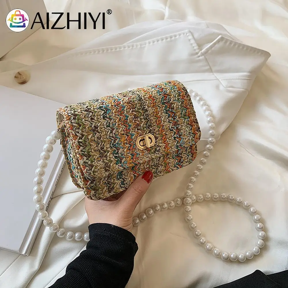 

Модная женская Соломенная плетеная сумка-мессенджер через плечо, повседневная женская сумка на цепочке с жемчугом, мини-сумочки с клапаном,...