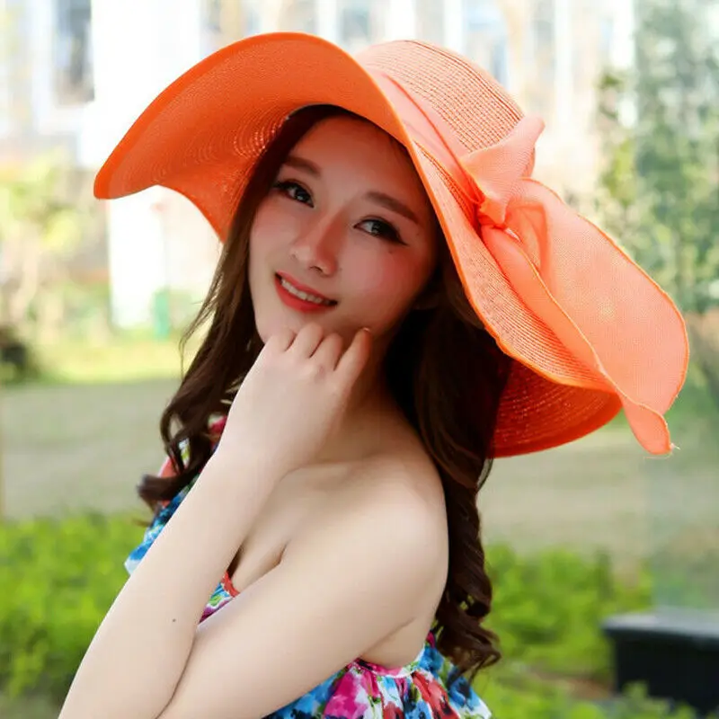 

Women Sun Visor Floppy Outdoor Cap Summer Beach Straw Wide Brim Large Bow Hat