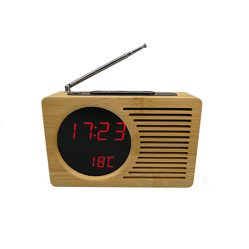 

New Bamboo LED Clock FM Radio Electronic Alarm Clock Temperature Display