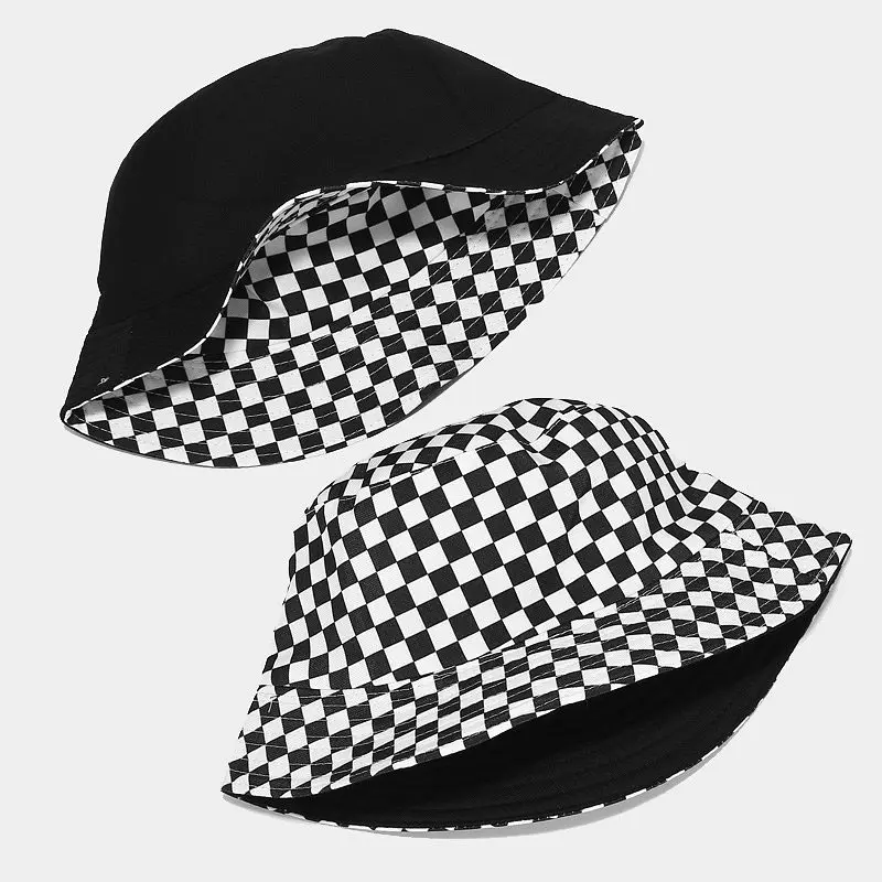 

2021 Black White Women's Summer Bucket Hat Flat Hip-Hop Plaid Autumn Grid Fashion Design Fisherman Hat Unisex Panama Bob Cap