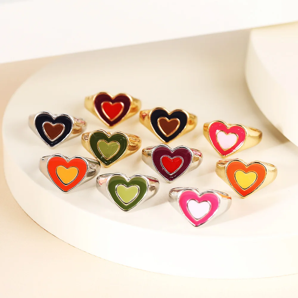 

Cute Colorful Enamel Heart Open Rings for Women Girls Female Fashion Finger Knuckles Accessories Party Wedding Jewelry Gifts