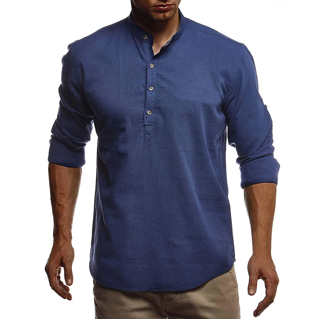 Мужская льняная рубашка SAGACE разноцветная с длинным рукавом и воротником стойкой