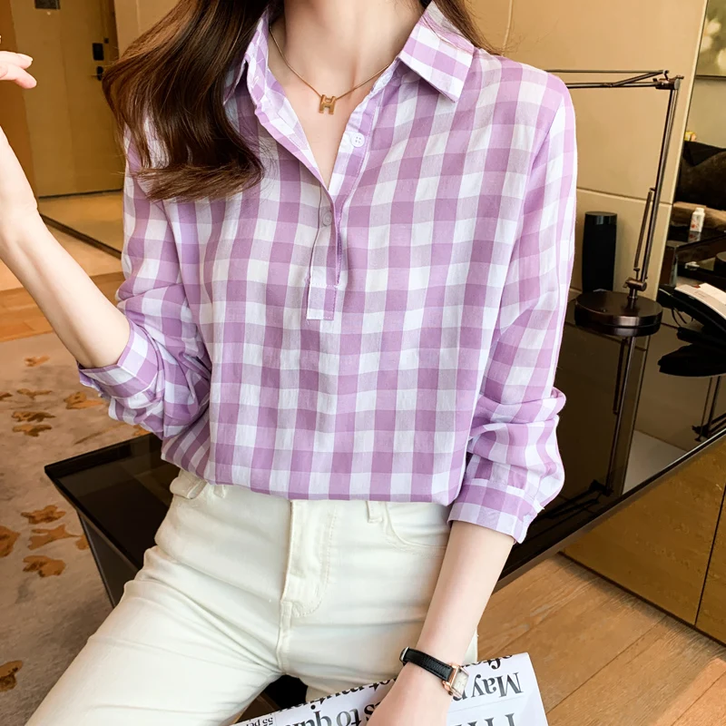 

Chikichi 2021 spring and autumn new Korean fashion lapel plaid chiffon long-sleeved casual button shirt women