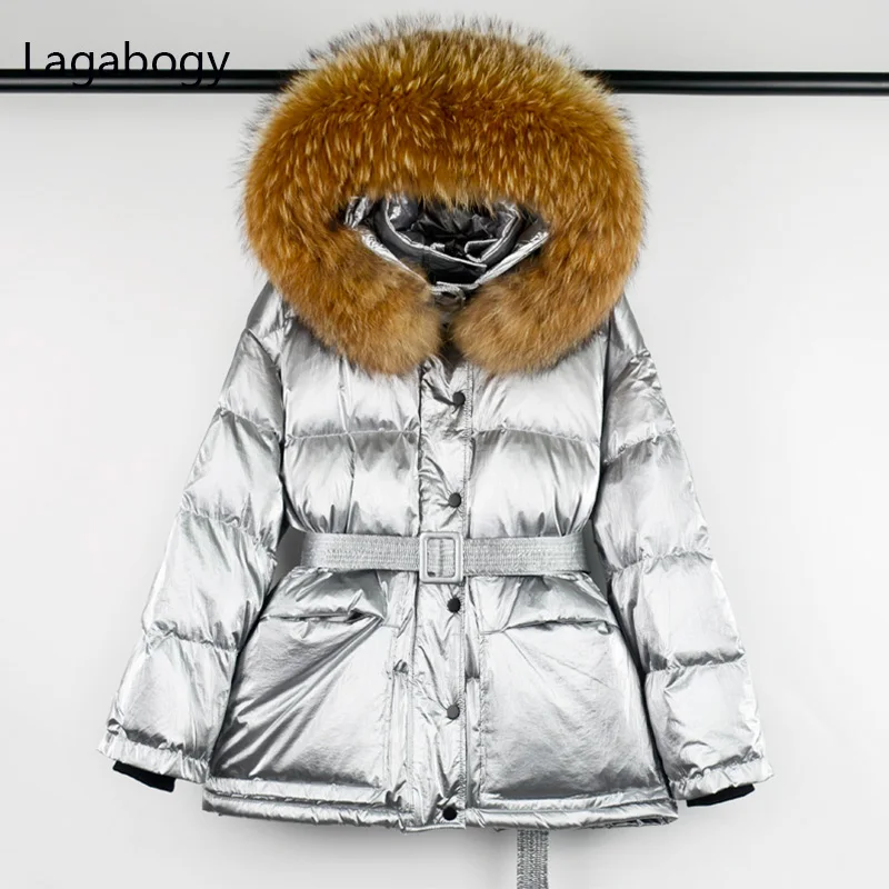 Lagabogy 2021 Glossy Women Winter Duck Down Warm Coat Hooded Parkas Female Loose Puffer Jackets With Belt Large Real Raccoon Fur