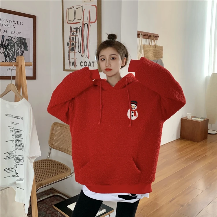 

XZ995 2021 New loose lamb-like wool plus cashmere ins Christmas girlfriends dress fried street long-sleeved Sweatshirts