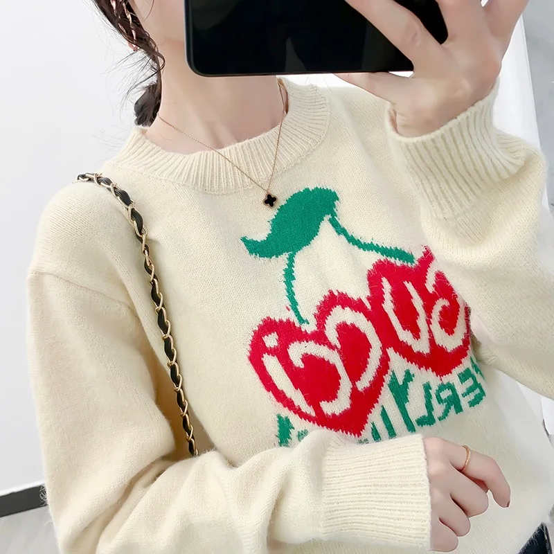 

Cherry Girls Autumn Winter Wool Women Sweater Pullover Loose Nano rabbit hair Round Neck Letter Long Sleeve Sweet Sweater