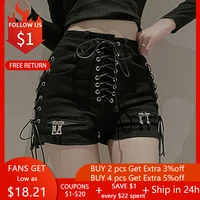 rosetic bandage sexy denim shorts women streetwear gothic jeans mini high waist lace up casual zip black goth club fashion 2021