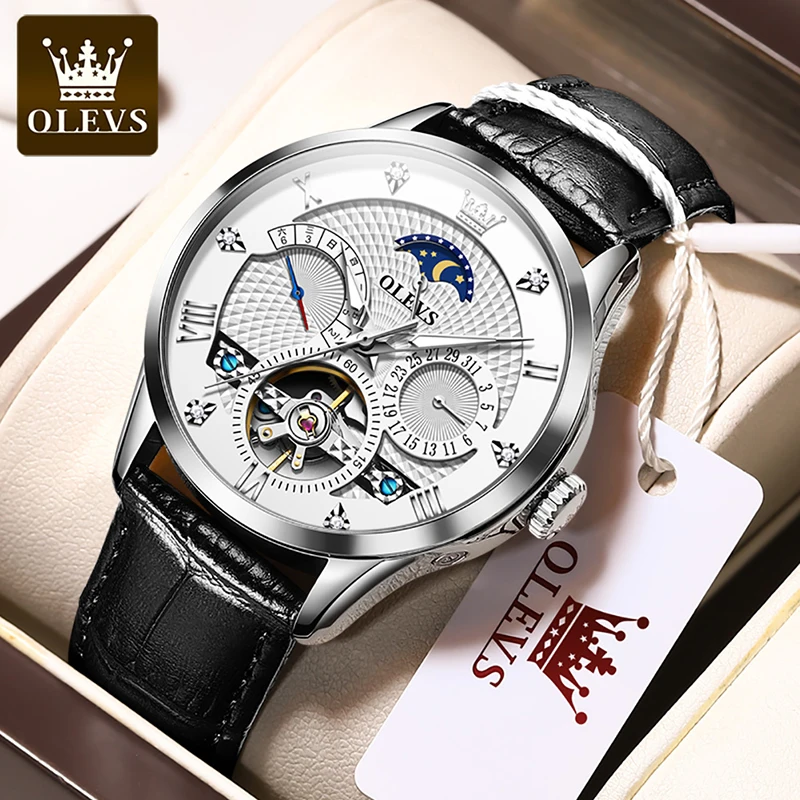 OLEVS brand men's watches fully automatic mechanical watch hollow multi-function waterproof men's leather watches