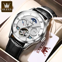 olevs brand mens watches fully automatic mechanical watch hollow multi function waterproof mens leather watches