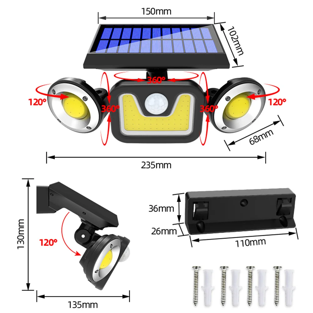 ALLOET 83LED Solar Light 3 Heads Waterproof Outdoor Lamp PIR Motion Sensor Wall For Garden Yard Street Lighting | Освещение
