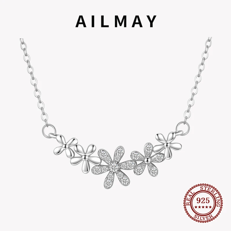 Ailmay Elegant 925Sterling Silver beautiful Daisy Smiling flower Pendant Necklaces Clear Zircon for Women Silver Popular Jewelry