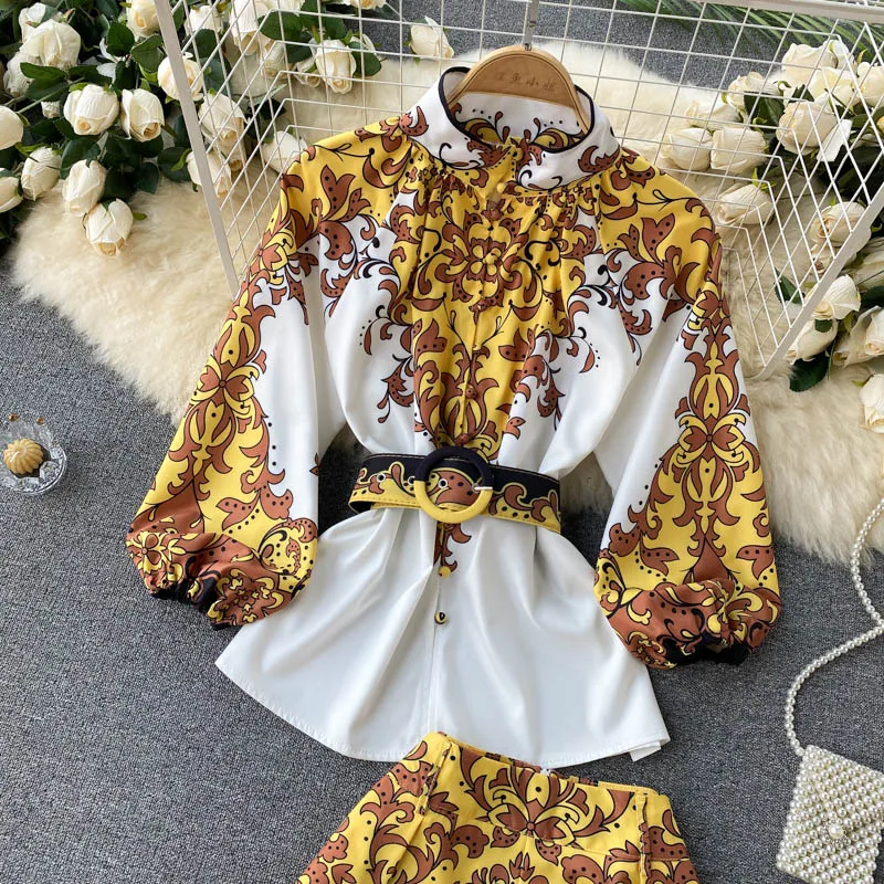 Женский винтажный костюм ALPHALMODA рубашка с принтом в стиле ретро и широкие шорты