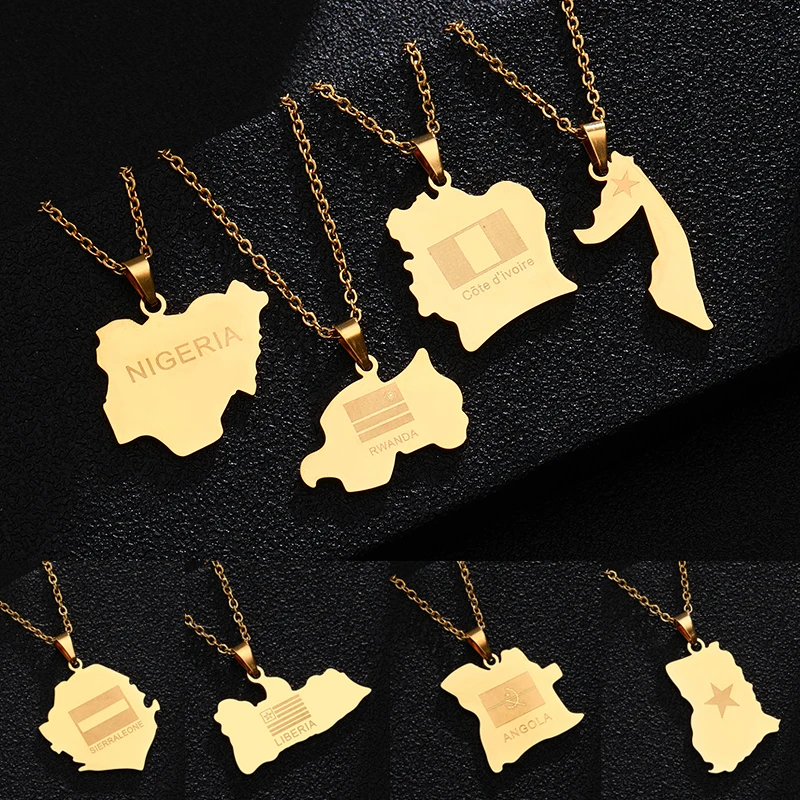 

Africa Map Flag pendant Necklaces Ghana Nigeria Somalia Angola Liberia Sierra Leone Rwanda Stainless steel African Jewelry