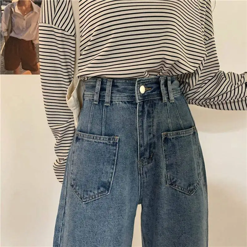 

Wide leg high waist Hong Kong style jeans women's Korean loose spring and summer retro straight pants