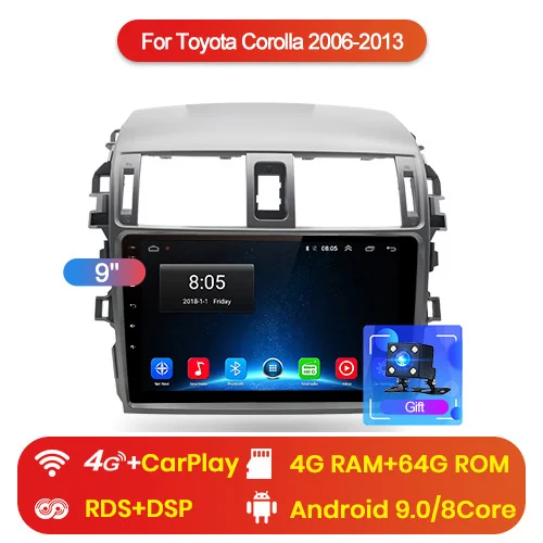 4-64GB Junsun V1pro 4G+ 64G CarPlay Android 9,0 DSP для Toyota Corolla E140/150 2007-2013 автомобильный Радио мультимедийный плеер gps RDS 2 din dvd - Цвет: 4-64GB