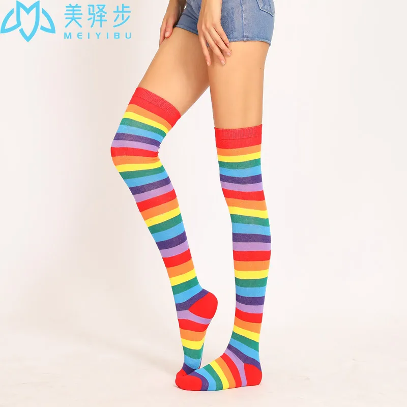 6 Pairs Per Set Colorful Socks Rainbow Stripe Long Tube Knee Socks Party Stocking Female Holiday Stocking Girl