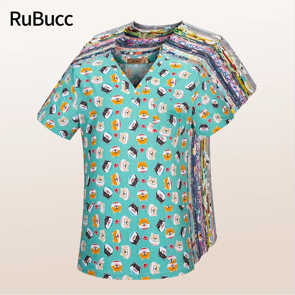 

Unisex Scrub Top with V-Neck Cotton Breathable Print Surgical Medical Uniform Hospital Nurse Doctor Scrub Tops for Women and Men
