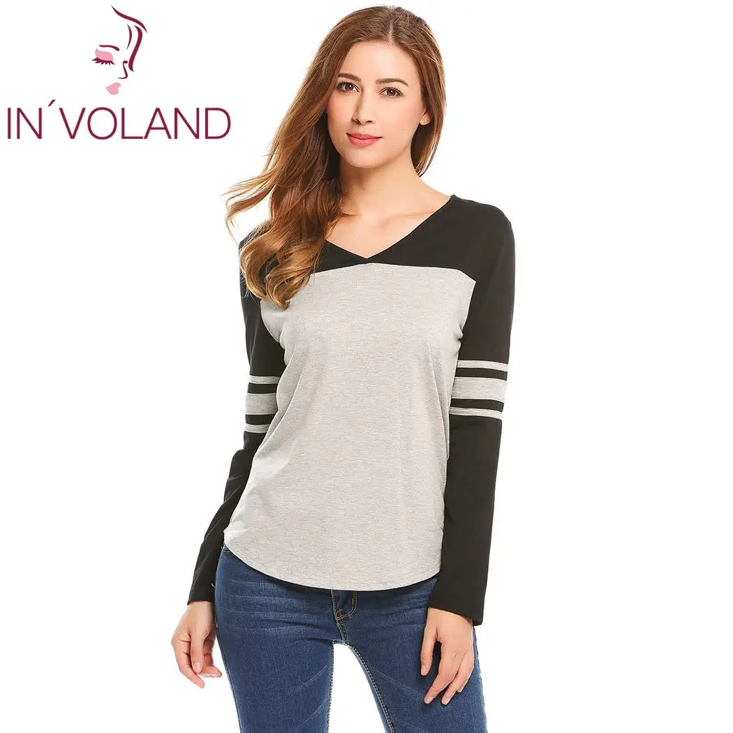 Женская Повседневная футболка с v-образным вырезом и длинным рукавом из кусков