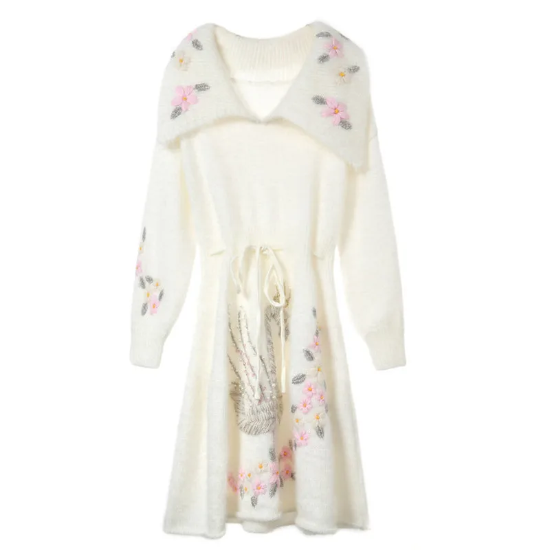 Женское платье-свитер в стиле ретро белое платье из мохера с воротником Питер Пэн