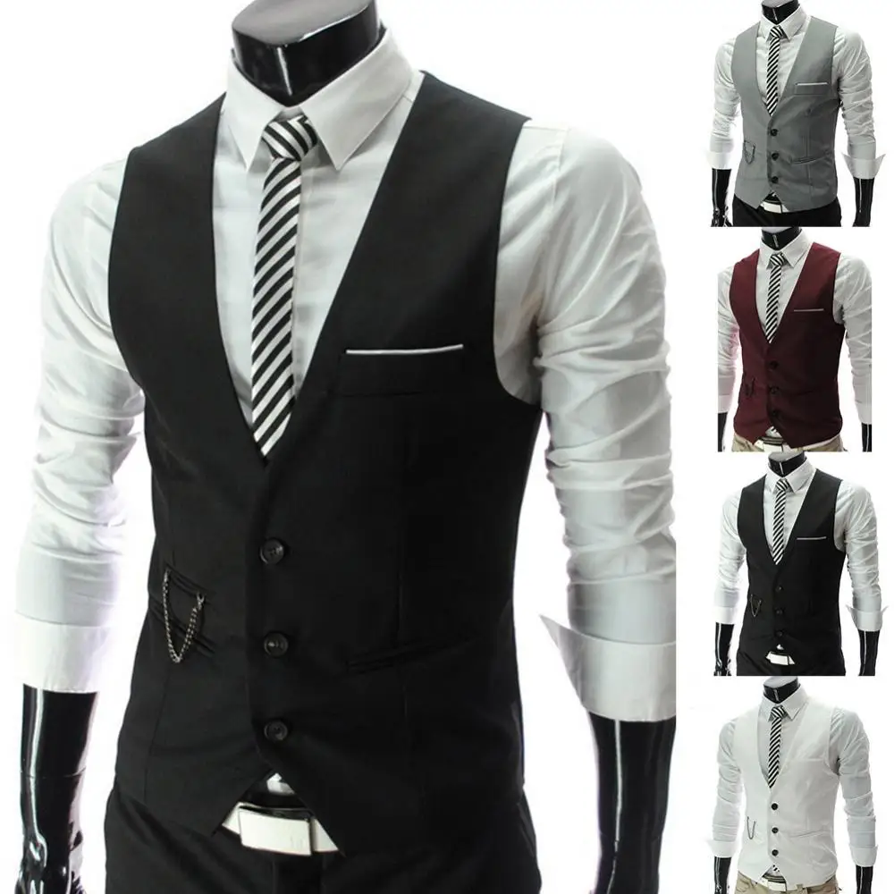 

Fashion Men Solid Color V Neck Sleeveless Button Pocket Blazer Suit Waistcoat