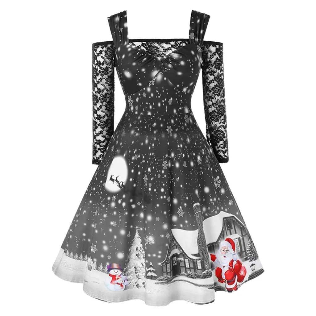 Gray Vestidos ropa mujer, рождественское платье, женская Кружевная футболка с открытыми плечами, лоскутное рождественское платье с принтом, винтажное праздничное платье roupa - Цвет: Gray