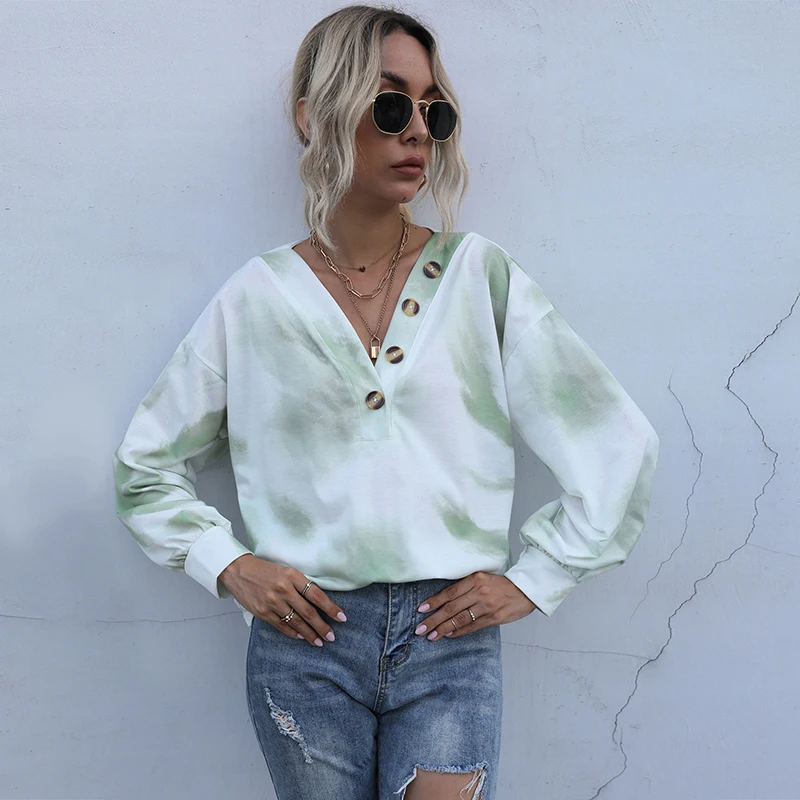 Shyloli сексуальный топ с v образным вырезом Свободная блуза на пуговицах женская