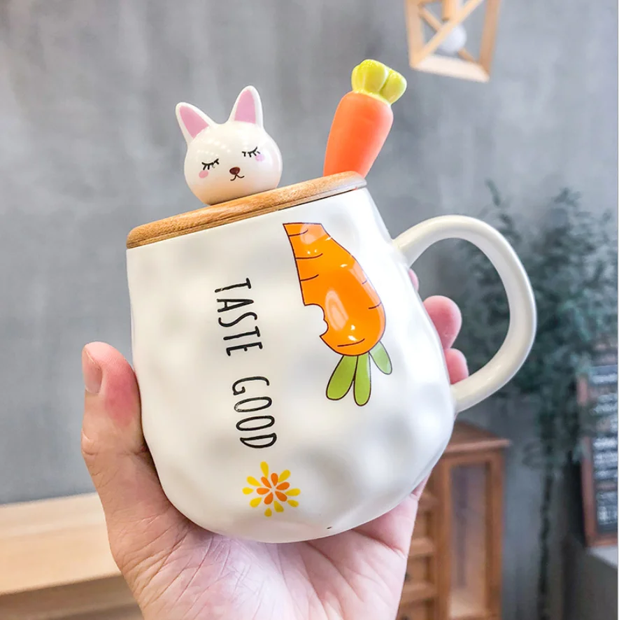

Ins Cartoon Radish Rabbit Wooden Lid Ceramic Cup Female Cute with Spoon Water Mug Home Student Couple Cup