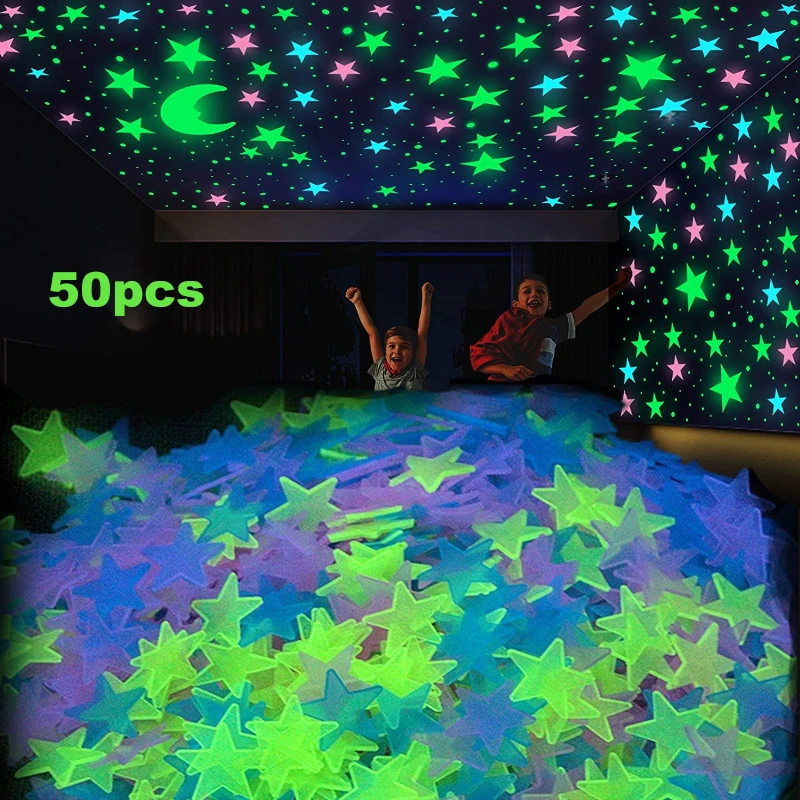

50pcs 3D Stars Glow In The Dark Wall Stickers Plastic Self Adhesive Starry Sky Glowing Stars Wall Art Decor for Kid Bedroom Room