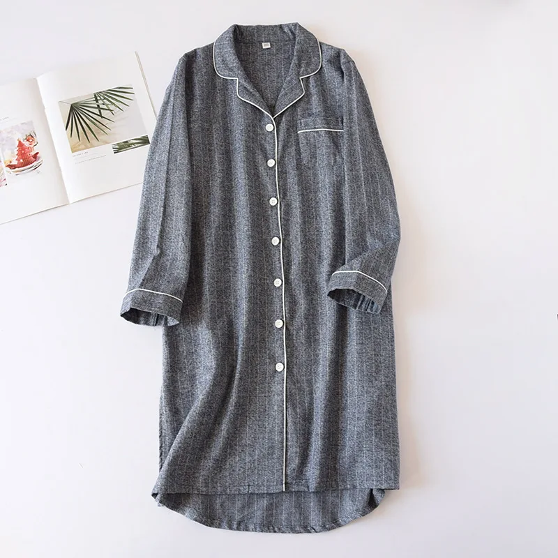 2023 new style 100% cotton skirt cardigan nightdress ladies spring and autumn long-sleeved loose mid-length nightdress plus size