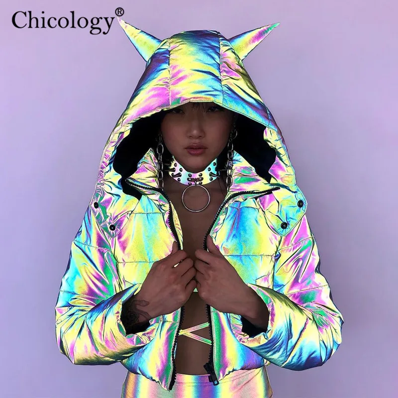 Chicology Y2K Devil с капюшоном Светоотражающая хлопковая стеганая теплая парка женская