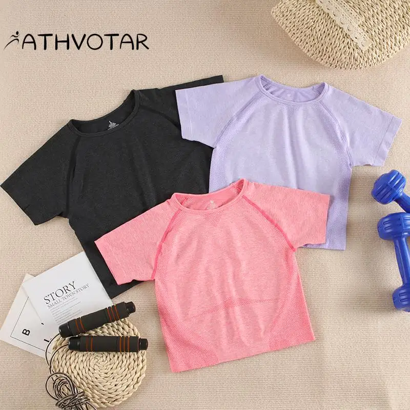 

ATHVOTAR Fashion Fitness T-shirt Women Yoga Breathable Seamless Elasticity Fitness Wear Sports Top Cycling Running Slim Shirt