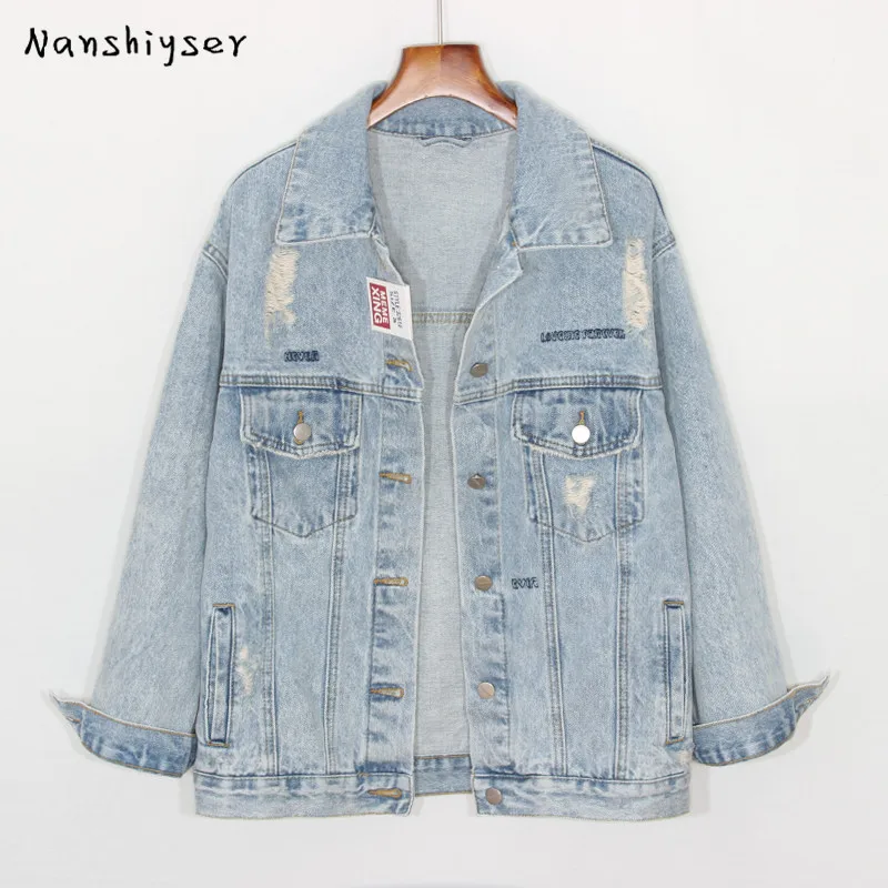 

Женская ВИНТАЖНАЯ ДЖИНСОВАЯ КУРТКА, голубая потертая светильник тка с вышивкой и дырками, Повседневная Уличная одежда в Корейском стиле на ...