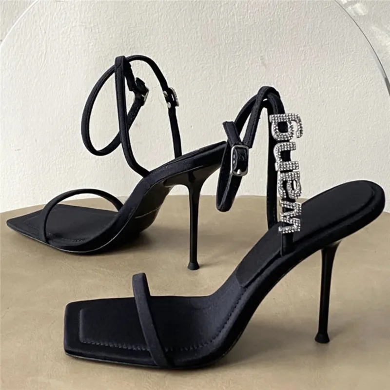 2022 New Square Toe Women Sandals Crystal Letters Decor Women Pumps Sexy High Heels Black Wedding Dress Shoes Gladiator Sandal