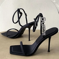 2021 new square toe women sandals crystal letters decor women pumps sexy high heels silk wedding dress shoes gladiator sandal