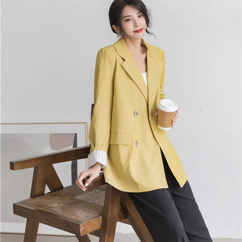 

HziriP New Slender Yellow Full Sleeves All Match OL Women 2020 Office Lady Retro Gentle Simple Chic Autumn Hot Loose Blazers