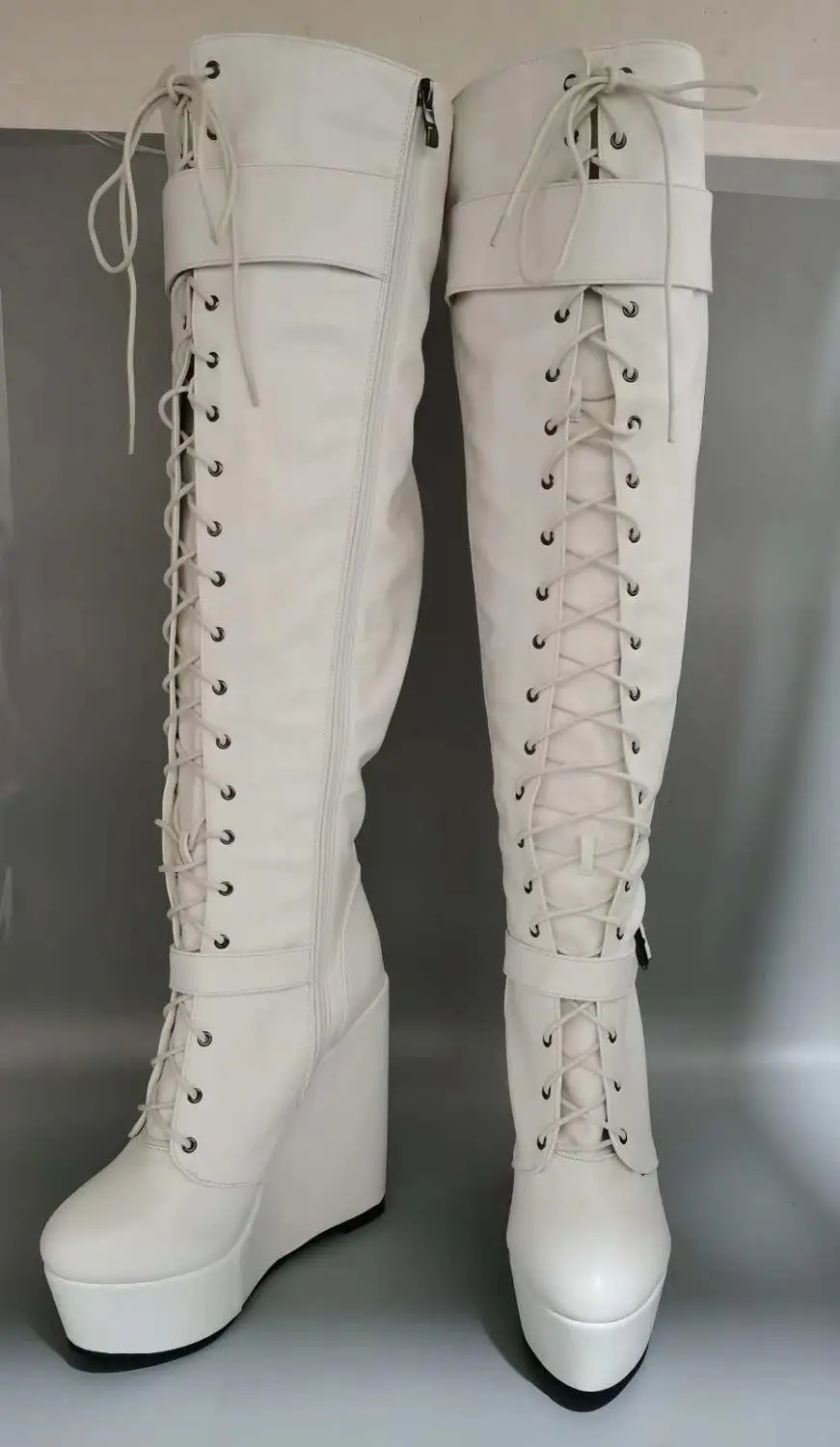 

ASHIOFU 2020 New Womens Boots Real Photos Wedges Heel Sexy Party Prom Dress Shoes Evening Shoelace Fashion Winter Knee-hi Boots