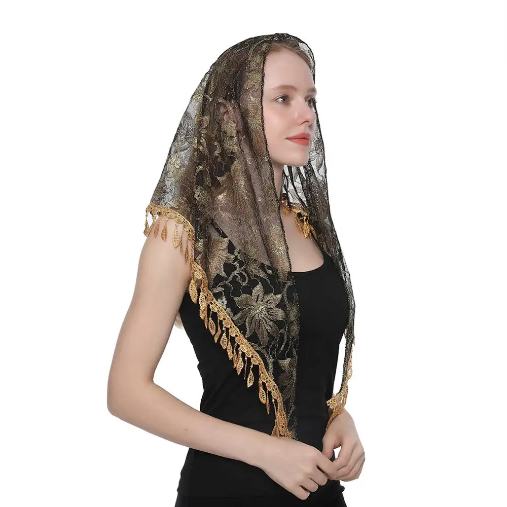 Женская кружевная вуаль треугольный шарф для церкви вышитый кисточка шаль с