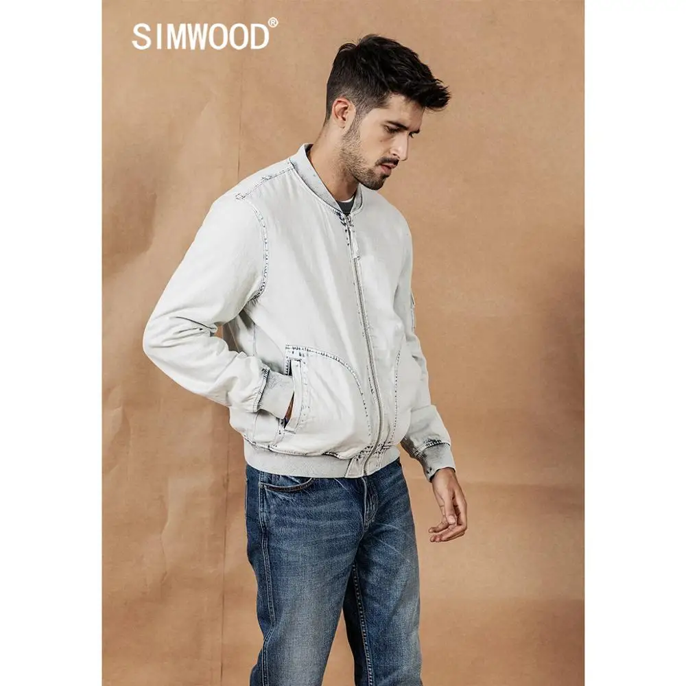 Мужская джинсовая куртка бомбер SIMWOOD винтажная мытая бейсбольная цвета индиго из