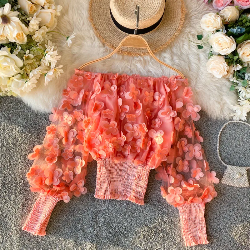 

Lucyever Sexy Mesh Slash Neck Chiffon Shirt Women Fashion Bow Patch Puff Long Sleeve Blouse Woman 2021 New Slim Waist Lady Tops