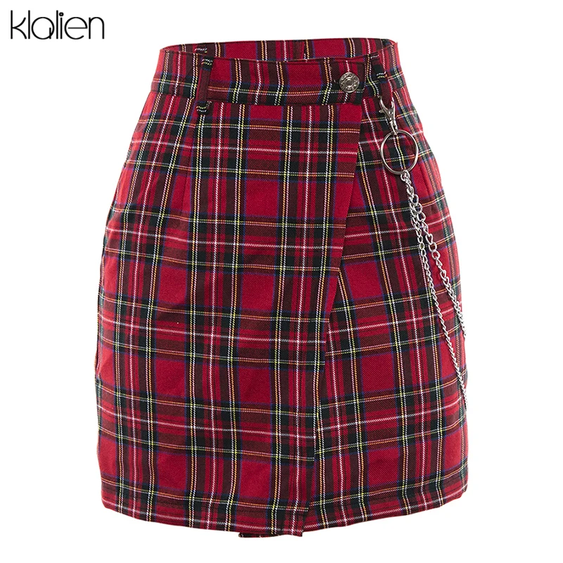 KLALIEN spring Vintage red Plaid mini skirts Women 2019 summer fashion office lady club party casual short pleated mujer | Женская