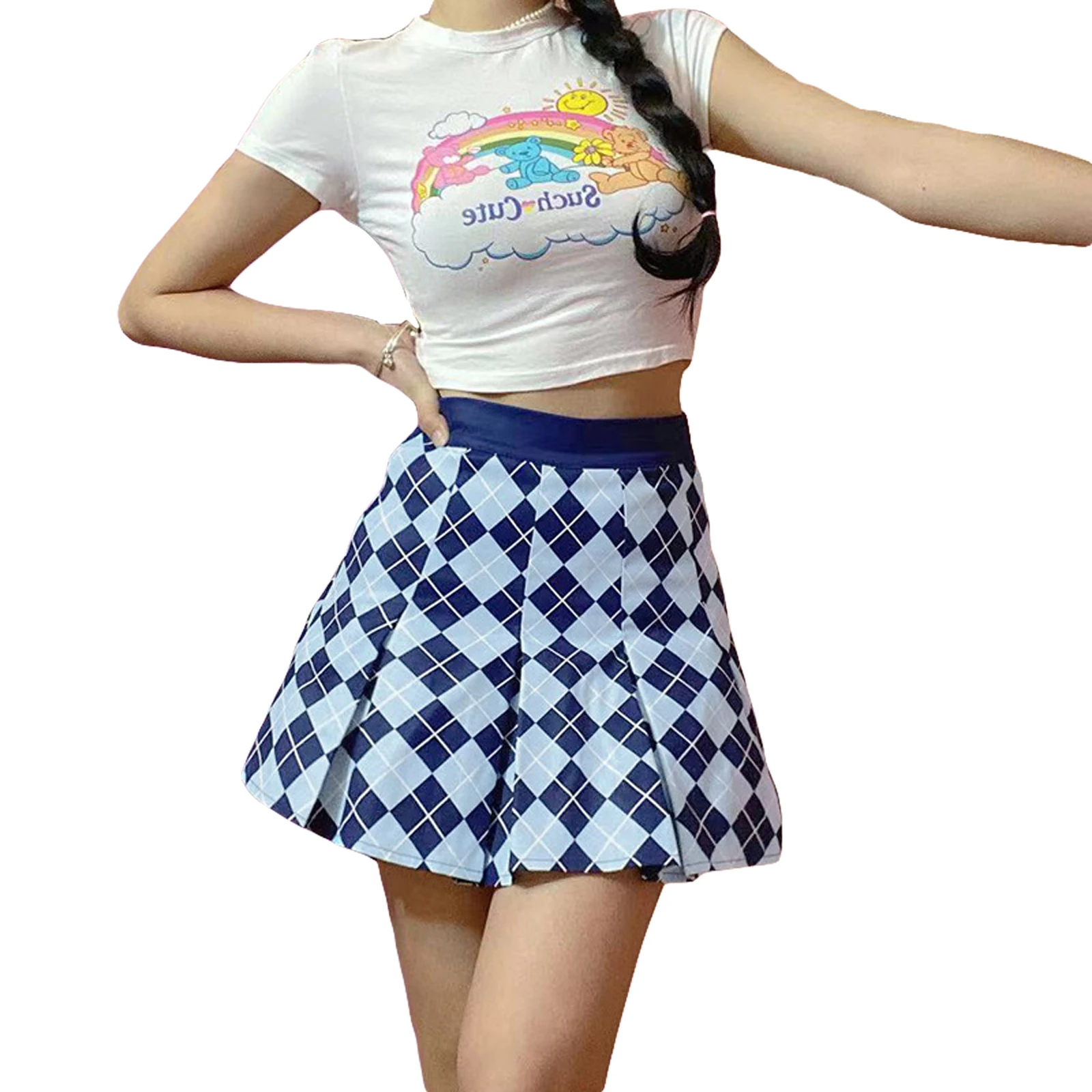 

2021 Summer Women's Pleated Mini Skirt, Fashion High Waist Zipper Side Argyle Print A-Line Short Skirt