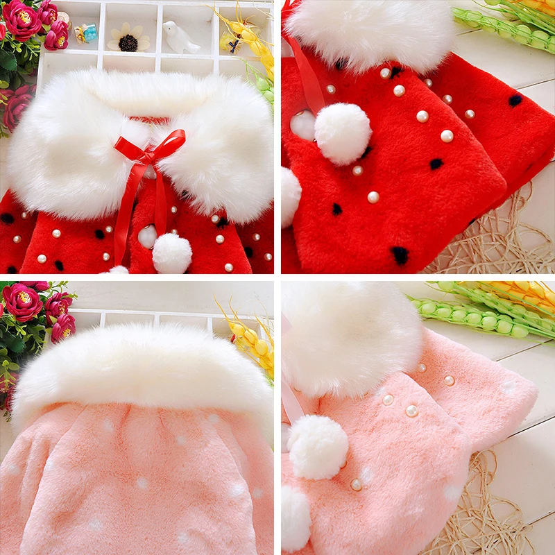 

2021 Winter Baby Girls Coats Children Faux Fur Lapels Collar Polka Dot Jackets Kids Pearl Button Plus Velvet Thicken Outerwear