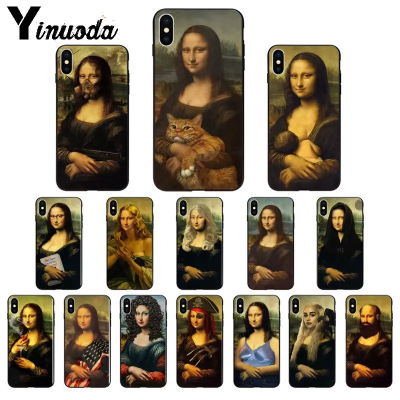 Yinuoda Забавный чехол для телефона Mona Lisa Pet Cat TPU мягкий черный чехол для iphone 8 7 6 6S Plus 5 5S SE XR X XS MAX Coque Shell